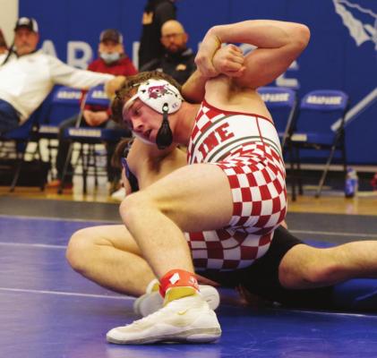 Pictured right: Hi-Line’s Conner Schutz remained unbeaten with his fourth conference title Tuesday at the FKC Meet.