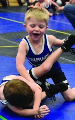 Arapahoe Wrestling Club hosted their 3rd annual DUALS NIGHT March 9th. Hi-Line, Southern Valley, Arapahoe and Loomis. There were 90 kids pk-8th grade. Matches were arranged by coaches to suit age, weight and skill level. Arapahoe won the team trophy, Southern Valley 2nd team trophy, hi line 3rd place and Loomis 4th.