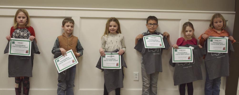Clover Kids receiving Clover Kids Awards. A certificate and t-shirt went to Grayden Andrews, Oakley Weissert, Coltin Nation, Cameron Underwood, Ben Cunningham, Kinzley Potter, Ryker Eschliman, Natalee Rhoades, Westin Wilken, Rylan Eschliman, Lyzza Beck, Rhoades Underwood and Cayleigh Jacob.
