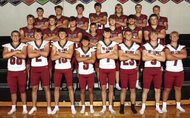 Members of the Hi-Line Football team are pictured as follows: Front row, Left to right: Grady Puls, Brody Diefenbaugh, Parker Schutz, Chase Beitler, Grady Schutz, Noah Rand, Ethan Oberg, Simon Scharf. Second row, left to right: Cole Dean, Will Oaklund, Mason Schwarz, Kyson Dean, Eli Montey, Eli Schimmels, JJ Vann Top row, left to right: Gage Rupp, Tucker Viter, Kamryn Carroll, Cooper Parker, Jaxson Hood, Traevyn Koch, Karter Tilson Photo by H2O Photography