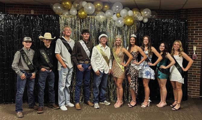 L to R - Easton Gilmore, Landyn Gilmore, Oliver Anders, Prince Charlie Callis, King Sawyer Dibbern, Queen Karissa Stengel, Princess Blayklee Farr, Haylie Gustafson, Bennett Sandel, Paytyn Stengel.