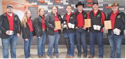 NCTA Crops Judging Team with awards (L-R): Aaron Underwood, Esbon, KS; Jada Eilert, Jewell, KS; Hailey Loutzenhizer, Flagler, CO; Kyra Jespersen, Hemingford, NE; KaCee Jo Saffer, Arriba, CO; Mason Semler, Exeter, NE; Wyatt Ozenbaugh, Ohiowa, NE; and Grant Ottun, Sargent, NE.
