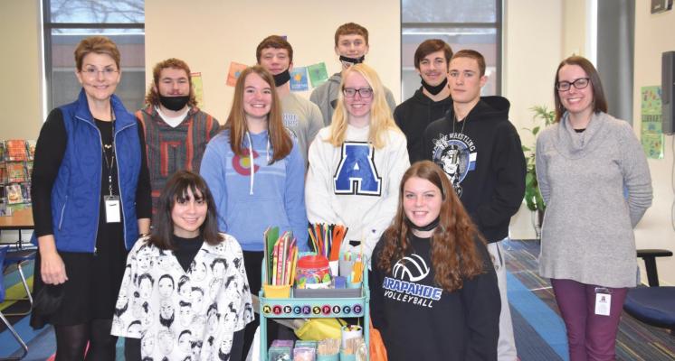 The Arapahoe Chapter of the National Honor Society sponsored a K-12 coin war to raise money for STEAM education for the elementary school. Each class was encouraged to bring coins to collect for the challenge. The sixth grade class won and the total raised was $277.00 Back (l-r) Instructor Marcia Foley, Cord Frink, Tracy Roskop, Conner Luke, Alese Williams, Grant Taylor, Reilley Einspahr, Isaac Goshert and Instructor Elizabeth Klein. Front (l-r) Hannah Whitson and Hope Koller.