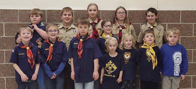 Arapahoe Scout Troops participated in the annual Pinewood Derby where scouts configure their cars in an attempt to make them go faster. After enjoying a supper of pizza and desserts, the kids enjoyed watching their cars go down the race track. Top photo (front row l-r) Owen Houser, Jentzen Soncksen, Ryker Stark, Kaylee Leising, Madison Leising, Phoebe Leising, Adam Dettmann and Jaden Otte. Back row (l-r) Henrey Barnes, Jaxtyn Soncksen, Emma Houser, Molly Leising and Aiden Steinhour.