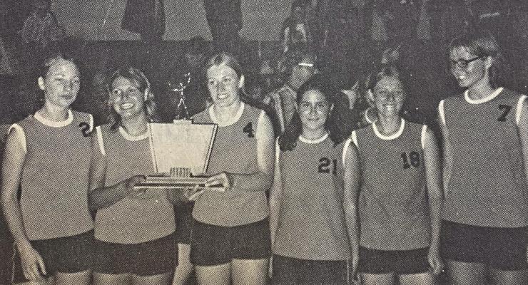 As pictured in the December 14, 1972 edition of the Indianola News, Beaver Valley volleyball teammates (from left) Carolyn Remington, Luann Leibbrandt, Charlyce Remington, Mary Jo Morris, Susan Warner and Brenda Orvis are pictured with the inaugural Class D State Championship trophy in 1972.