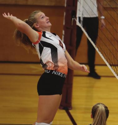 Cambridge’s Brylyn Springer attacks a ball against Dundy County-Stratton Saturday.
