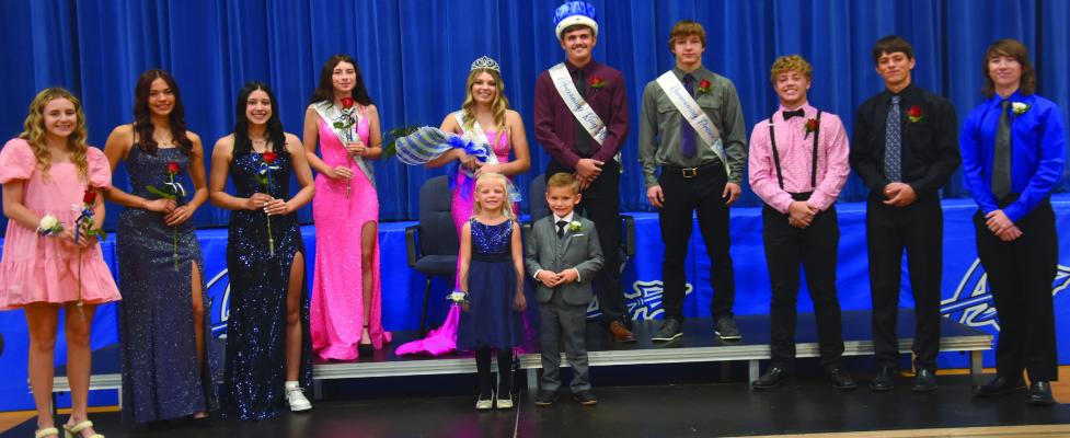 Arapahoe/Holbrook Homecoming Royalty (L-R) 2022 Homecoming Queen Anna tenBensel, 2023 candidates Naomi Gutierrez, Sabrina Jacobsen, Princess River Einspahr, Queen Berkley Warner, King Campbell Schutz, Prince Carrick McCorkle, candidates Rafe Hill, Titus Goshert and 2022 Homecoming King Jacob Moore. Crown bearers are Nora Strand and Dax Spaulding.