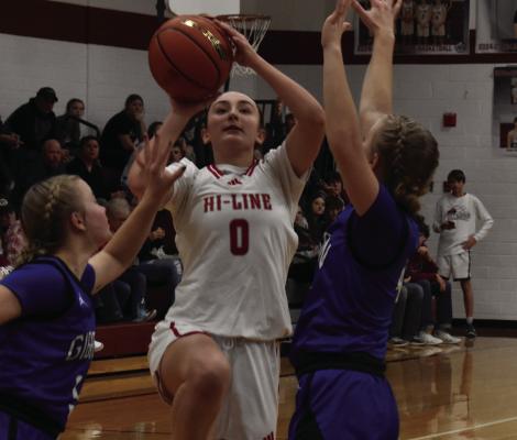 Hi-Line’s Ellaray Koch scores at the rim.