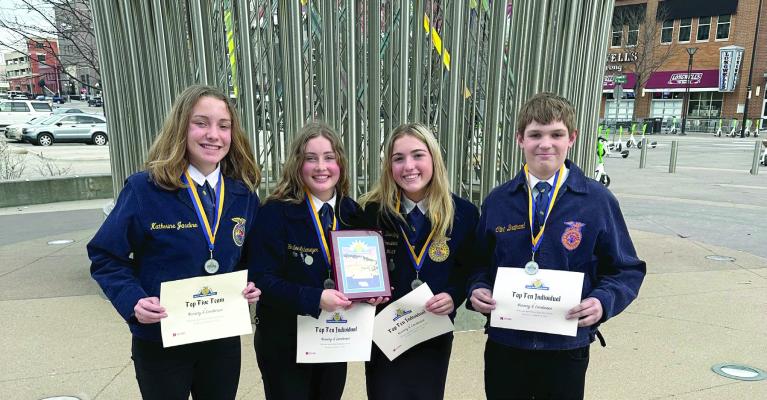 The Cambridge Nursery &amp; Landscape team finished runner-up at the State FFA Convention. Team members were Jensyn Weiss (blue), Bailee Ahlemeyer (6th overall), Brenna Deterding (eighth overall) and Carter Shoemaker (fourth overall).