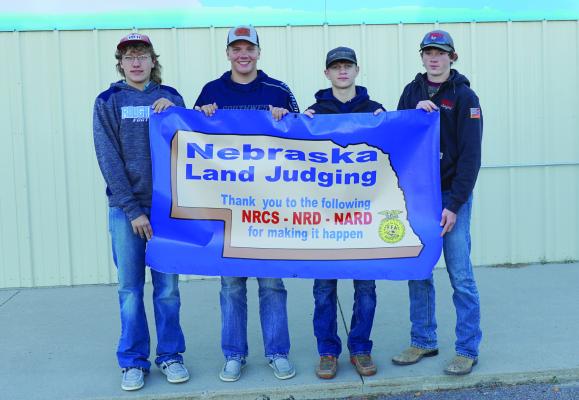 All four Southwest students pictured on the third-place team placed as individuals and are pictured from left: Treven Critchfield white; Hunter Blume - red; Mitchel Stritt - purple; Nathan Rippe - Pink. Students judged the “Wildcat Hills” area in Banner County, NE. The North Platte NRD office hosted the contest attended by schools who had qualified from all regional NRD contests. This is the first time Southwest has qualified for the National Land Judging Contest to be held in May 2023.