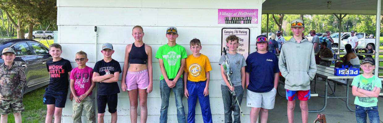 Kids participating in the 2025 Holbrook Carp Shoot were L-R Graden Andrews, Briggs Vontz, Kacen Kulwicki, Bryer Mowry, Colyns Mowry, Gavin Andrews, Gauge Andrews, Amos Klinkebiel, Layne Stanton, Hadley Klinkebiel, Henry Klinkebiel