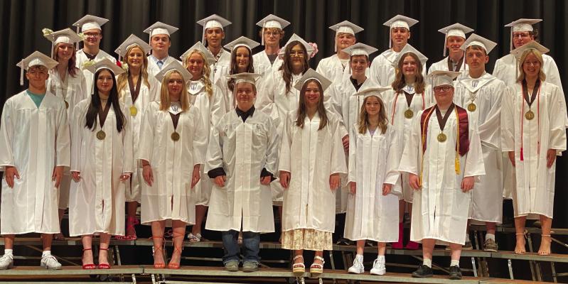2024 Southern Valley Graduates Front row (L-R) Braxton Hammond, Alyson Adams, Ashton Kirkendall, Draven Hill, Abree Karash, Kadyn Wilcock, Kota Batt. Second Row (L-R) Rylee Smith, Brenna Balderston, Sarah Holste, Ann Bose, Celia Zetterberg, Jeramyah Ruskamp, Lily Holste, Gabe Grove, Laurel Stalder. Third Row (L-R) Isaac Bodfield, Arron Coppedge, Jesus Urbina Rios, Adyn Thooft, Kody Collins, Kamden Bose, Rian Grove, Sam Russell.