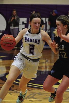 Southern Valley’s Ann Bose dribbles past a defender during the Eagles’ subdistrict tournament victory over South Loup Tuesday. The Eagles advanced to play North Platte St. Pat’s in Thursday’s Subdistrict Final at Southern Valley.