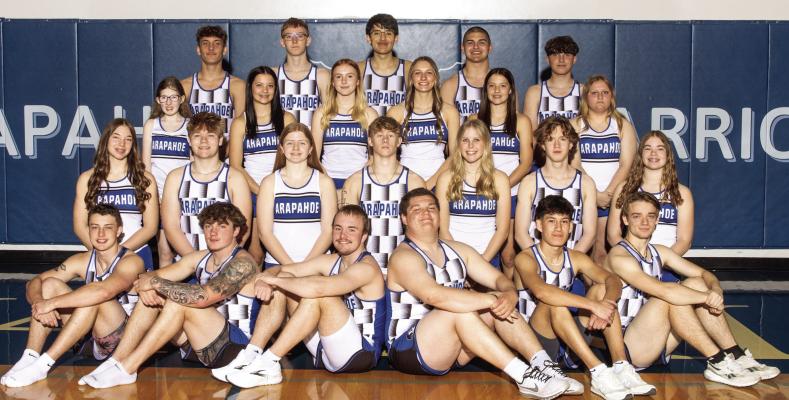 Arapahoe Track Team i spictured as follows: Front Row L-R Grayson Koller, Will Cacy, Trenton Roskop, Jacen Smith, Alex Diaz, Lael Rathbun 2nd Row L-R Cydney Carlson, Dristen Warbuton, Clara Hilker, Jordan Holstein, Emma Strand Thomas Magorian, Tracy Roskop 3rd Row L-R Aubrey Holstein, Suttyn Shafer, Ruby McCune, Desi Farner, Sawyer Shafer, Back Row L-R Hayden Sich, Eli Carpenter, Andres Castro, Trey Downey, Hudson Sich Not pictured Kade Fisher and Grace Andrews