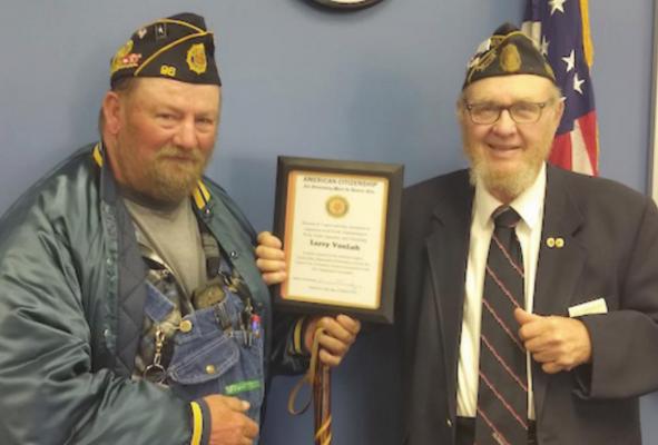Larry VonLoh (left) of Arapahoe was presented with the Citizenship Award by District 9 Historian and Archivist, Furnas County Legion Commander, Lee Carskadon on Saturday.