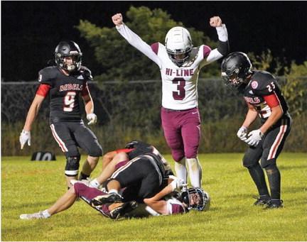Hi-Line’s Judah Niemeier celebrates a touchdown reception for teammate Wryston Brell.