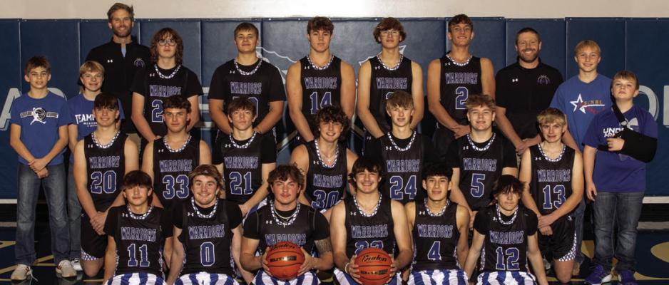 The Arapahoe Basketball team members are: Front row: Chris Hermes, Trenton Roskop, Will Cacy, Eli Shafer, Alex Diaz, Gage Gooden Second row: Taydem Zodrow, Hudson Sich, Clayton North, Grayson Koller, Konnor Shifflet, Dristen Warburton, Hunter Larson Third row: Zach Einspahr, Houston Larson, Coach John Strand , Kaydon Yeager, Aiden Roush, Kade Fisher, Brandson Soncksen, Hayden Sich, Coach Taylor Baily, Graham Sisson, Hudson Larson