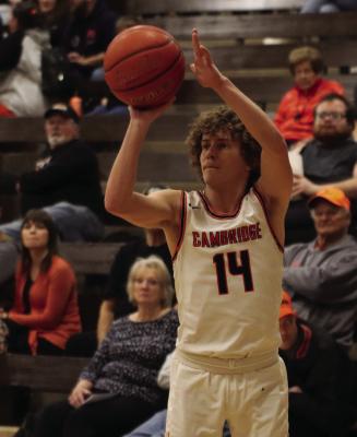 Cambridge’s Brady Ahlemeyer drains a corner three as part of his career-high 42 points Friday.