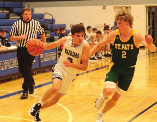 ABOVE; Arapahoe’s Campbell Schutz drives aournd a defender. BELOW: The Warriors’ Tyler Miller drills a three.