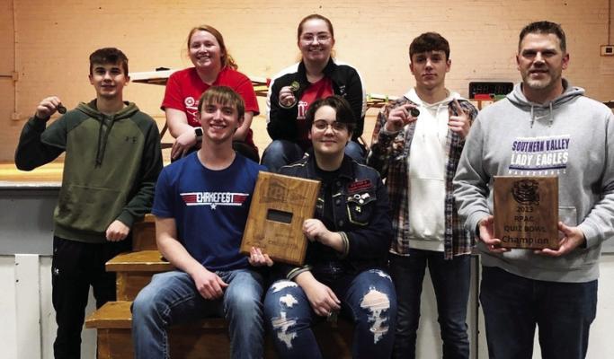 The Southern Valley High School Quiz Bowl Team came out as the champs at the RPAC quiz bowl meet in Cambridge on January 11. The team went 7 - 0 in pool play and 2 - 0 in the championship tournament.