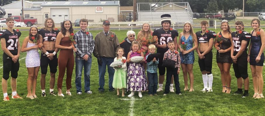 The 2022 Cambridge Homecoming Court is pictured as follows: front row crown bearers Finley Shifflet, Annsley Shifflet, Ryder Newton, Bergen Soucie; Back Row: Jr Attendant Ben Hoberty, Karsyn Benson, Will Taylor, Jacey Kent, Brodie Mitchell, Ed &amp; Marilyn Kester, Breelle Miller, Jordan Ruf, Kori Koeppen, Kohan Grindle, Macy Jones, Adam Corbett, Jr Attendant Jalen Kent