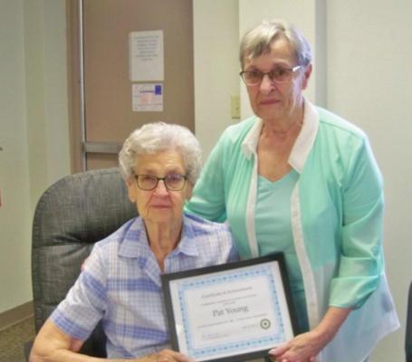 Patricia (Pat) Young was honored June 10, 2021 for 65 consecutive years of membership to the Cambridge American Legion Auxiliary Unit #199. The award was presented by Jo Lewis, Membership Chair-person.