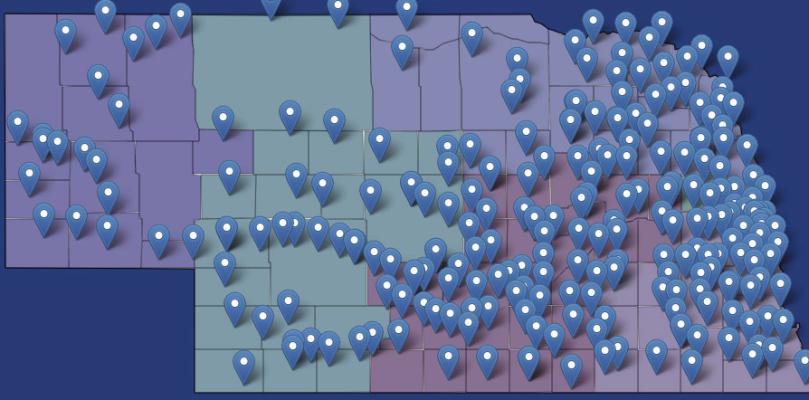 Courtesy of the Teach Nebraska Website, the map above depicts locations where open teaching positions exist.