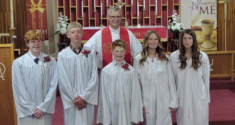 St. Paul’s Lutheran Church Confirmation was held Sunday, April 26. The confirmands pictured with Pastor Dan Wiese include, from left: Asher Gerlach, son of Cody and Ashley Gerlach; Will Nickerson, son of Cole and Sarah Nickerson; John McGowen, son of Jim and Nora McGowen; Kyrie Houghtelling, daughter of Jason and Marcie Houghtelling; and Dakota Deterding, daughter of Bart and Reba Deterding.