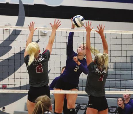 Southern Valley’s Krista Best slams one of her 26 kills against Hi-Line Thursday.