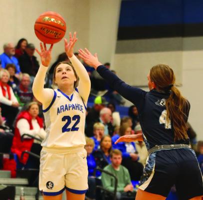 Arapahoe’s Berkley Warner knocks down a triple as part of a game-high 19 points.