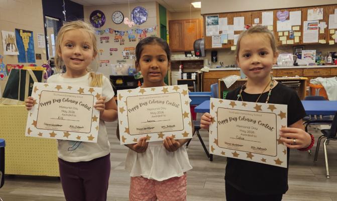 The Indianola American Legion Auxiliary hosted a Poppy Day coloring contest for the Southwest PreK and kindergarten students. Winners included PreK (morning class): 1. Kitt N, 2. Amara, 3. Collie. Kindergarteners: 1. Laurel Arnold, 2. Regina Salas, 3. Brantley Robinson. (Winners are right to left) Afternoon class of winners (not pictured) are: 1. Vivian T, 2. Monica, 3. Whitney Their pictures are on display at the Bartley and Indianola businesses. After July 4th they are welcome to pick them up.