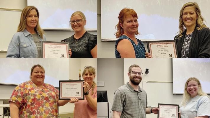 NCTA awardees on the left of each photo, honored by their colleagues: (Top L-R) Vicky Luke receives Steward award, Dr. Crystal Rhine receives Bruntz award, (Bottom L-R), Chrissy Barnhart receives NCTA Community Award, and Nathan Nicklas receives John and Lillian Memorial for Excellence in Service.