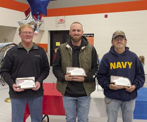 Veterans receiving honors at the Veterans Day program in Cambridge were (l-r) Bob Tomlin, Ray Raker and Shawn Adler.