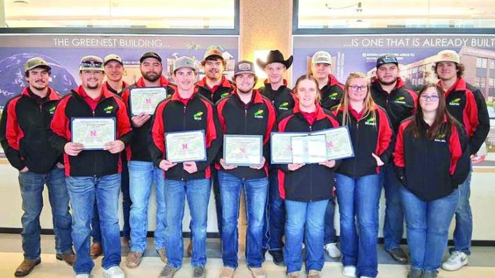 NCTA Crops team at UNL contest (L-R) Back Row: Alden Bewley, Alma; Wyatt Ozenbaugh, Davenport; Owen Harb, Grand Island; Tyler Keener, Mitchell; Mason Semler, Friend; Tye Dickes, Ithaca; Laramie Frear, Wood River; Easton Finch, Paxton. Front Row: Jay Mintling, Hayes Center; Sean Lucas, Bailey, CO; Kaden Day, McCook; Leah Schutz, Elwood; Delany Salm, Kendell, WI; and Rachel Bose, McCook.