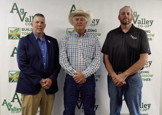 Jeff Krejdl, CEO of Ag Valley Co-op, and Tyler Ruf, Board President recognized the retirement of Curtis Lowry (middle) following their annual meeting on June 4.