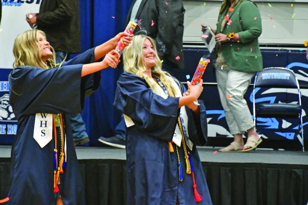 Southwest twin sisters Anikka and Kyra Nelms blast off confetti cannons during the recessional from Southwest’s commencement on Saturday. Graduation ceremonies were held at Cambridge, Elwood, Eustis-Farnam, Maywood, Medicine Valley, Southwest and Southern Valley Saturday. Arapahoe’s graduation is set for this Saturday. The Valley Voice’s Salute to Seniors section can be found inside.