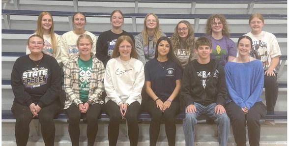 High School Merit Honor Roll: Front Row from left to right: Isabelle Roberts, Alaina Leising, Meg Hilker, Brionna Tracy, Zachary Einspahr, Ryleigh Tidyman. Back Rom from left to right: Ruby McCune, Desi Farner, Taytum Roskop, Carli Rathbun, Grace Andrews, Adellyn Hoefs, Clara Hilker. Not Photographed - Lauren Moore and Makenna Schrock
