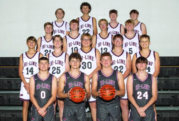 Members of the Hi-Line Bulls boys basketball team are Front: (l-r) Treyton Evans, Ryker Evans, Bryce Reiners, Dayton Zackery, 2nd Row: (lr) Bladen Williams, Brecken Hecox, Grady Puls, Simon Scharf, Karter Tilson 3rd Row: (l-r) Cooper Knackstedt, Brody Diefenbaugh, Kane Cochrane, Zach Whittaker. 4th Row: (l-r) Gavin Tilson, Dawson Ruda, Hudson Weeder, Judah Niemeier