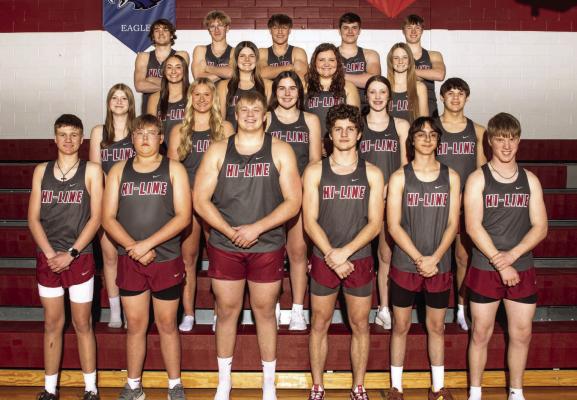 The 2024 Hi-Line Bulls track team athletes are front (l-r) Cooper Knackstedt, Grady Puls, Drew Knoerzer, Ryker Evans, Angel Salazar, Ether Oberg. 2nd row (l-r) Kyra Udstrand, Bentley Stubbs, Kara Brockman, Julea Moore, Chase Beitler. 3rd row (l-r) Ella Koch, Shelby Jurgens, Malia Viter, Olivia Wall. 4th row (l-r) Finn Kerznar, Kane Cochrane, Asher Hecox, Ryan Oberg, Brody Diefenbaugh.