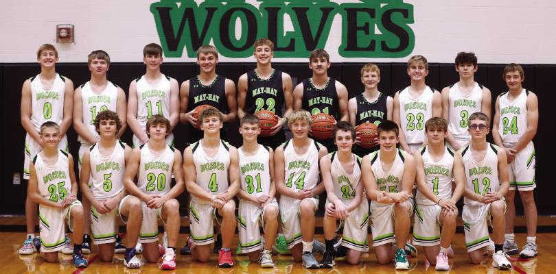 The Maywood-Hayes Center boys basketball team is pictured as follows, Front Row L to R: Clayton Mahanes, Kade Broz, Grady Erickson, Sawyer Dibbern, Lucas Mahanes, Steven Werkmeister, Aiden Bryant, Isaak Messinger, Kody Schwenk, Braydon Cox.; Back Row L to R: Oliver Anders, Cooper Soundy, Keenan Richards, Gage Gerlach, Jerry Ingison, Haydn Farr, Gene Rutherford, Jaxson Anders, Charlie Callis, Ryan Werkmeister. Photo by Steve Towery
