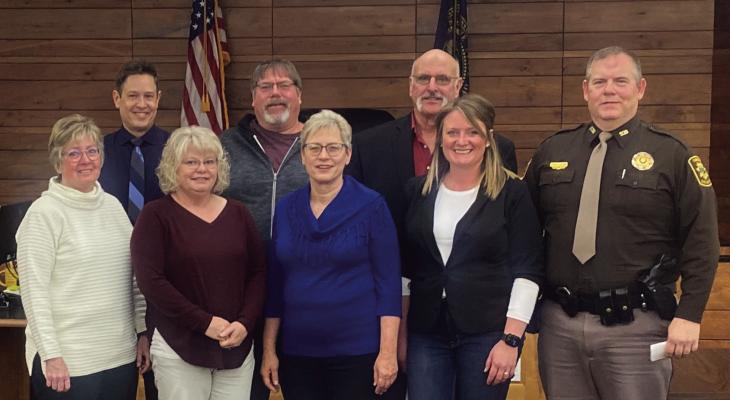 BEAVER CITY - Newly elected or re-elected Furnas County officials were sworn into office last week and are pictured as follows, front row from left: County Clerk Lois Bishop, County Assessor Sherry Thooft, County Treasurer Barbara Powell, District Court Clerk Tiffany Burton, County Sheriff Doug Brown; back row: County Attorney Patrick Calkins, District 1 County Commissioner Mike Sexton, District 2 County Commissioner Dennis Tegtman.