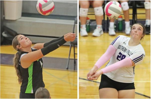 Maywood-Hayes Center’s Aubrey Broz (left) and Southern Valley’s Tori Bose (right) pass the ball.