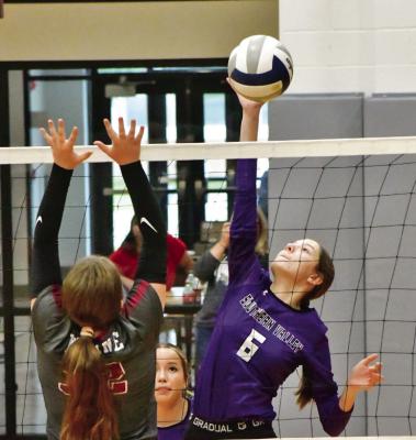The Eagles’ Lorelie Horwart swipes an attack.
