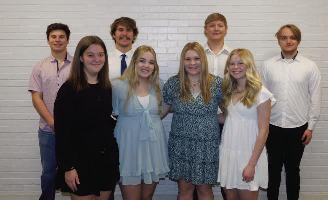 (Front Row l-r) Courtney Eidson, Jadan Schulz, Gentry Warner, and Emerson Swanson. (Back Row l-r) Ander Wasenius, Dylan Bahe, Cooper Wendland, and Patrick Rathbun. The King and Queen will be crowned on March 25th. Promenade starts at 6:00 p.m.