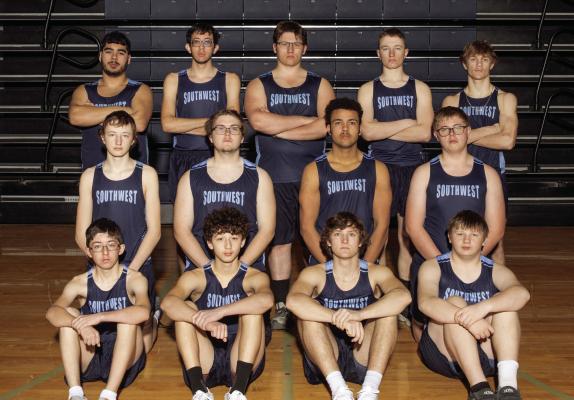 The Southwest boys track and field team is pictured, from left: Front: Michael Nelson, Jacob Barber, Trenton Williams, Kade Schaffert Row 2: Gage Hammond, Jason Day, Jakub Walz, Joshua Hitt Row 3: Luis Escobar, Austin Thompson, Tristan Martin, Gavin Hammond, Mitchel Stritt
