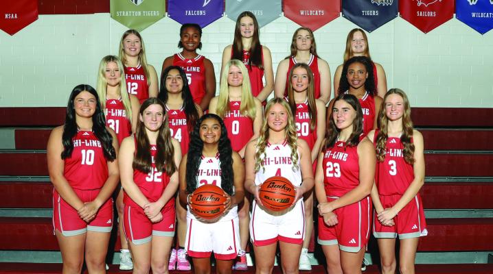 Members of the Hi-Line Girls Basketball Team 1st Row, L-R: Shelby Jurjens, Kylee Kubert, Maria Flores, Bentley Stubbs, Kara Brockman, Olivia Wall. 2nd Row, L-R: Raelyn Toberer, Jazmin Rosas Flores, Bristol Kubert, Maddie Tryon, Maryah Oberg 3rd Row, L-R: Piper Puls, Dynastee Redden, Whitney Wall, Bree Corey, Berkley Reiners