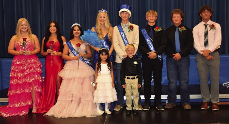 Arapahoe Homecoming Royalty was announced Friday afternoon. (l-r) Brooke Wendland, Annika Wasenius, Princess Lauren Moore, Queen Emma Strand, King Konner Shifflet, Prince Hunter Jorchumb, Kolter Eidson and Haiden Sich. Crownbearers were Gianna Castro-Valdez and Cooper tenBensel.