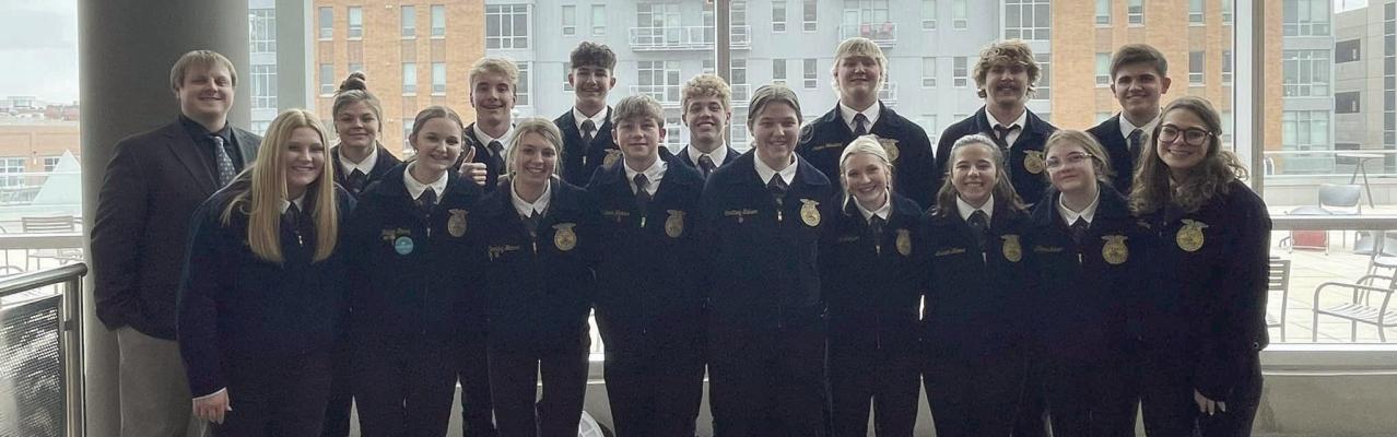 Members attending FFA convention were front l-r: Gentry Warner, Haiden Garey, Berkley Warner, Christopher Hermes, Courtney Eidson, Sage Larson, Lauren Moore, Makenna Schrock, Paisley Zodrow. Back l-r: Sponsor Chandler Hambidge, Hilary Downey, Trenton Roskop, Eli Shafer, Rafe Hill, Cooper Wendland, Dylan Bahe and Campbell Schutz.