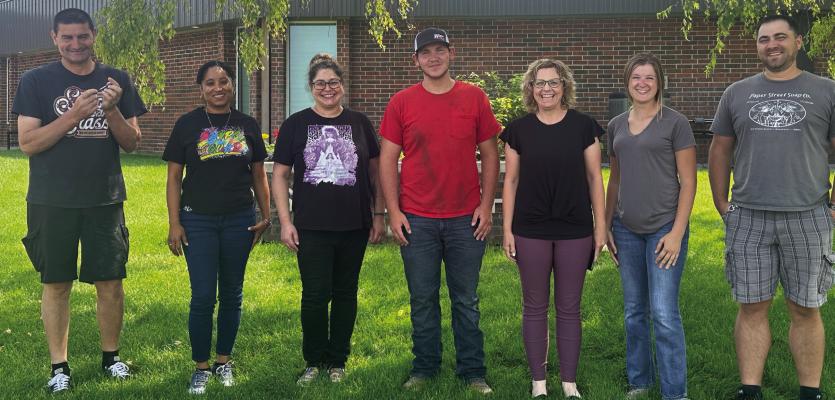Left to right: Evaristo Lopez, Avril Arthurs, Angela Vogt (assistant nutritionist), Cash Morrow (custodian), Rachel Callis, Kamryn Hoegerl (secretary), and Eric Storm. Missing from the picture are Johnna Odum (assistant nutritionist) and Katie Werkmeister (technology coordinator). Not pictured are Johnna Odum, assistant nutritionist, and Katie Werkmeister - Technology Coordinator