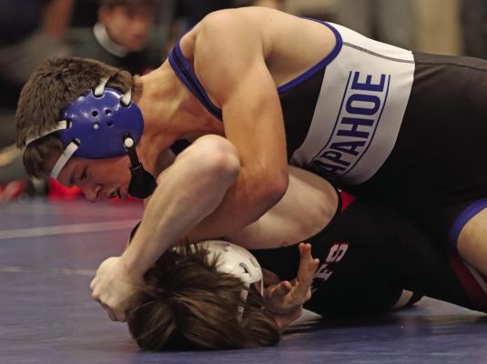 Wrestlers pictured clockwise beginning above: Arapahoe’s Titus Goshert; Hi-Line’s Aidan Shutts and Medicine Valley’s Hunter Koetter; Hi-Line’s Tucker Viter; Southwest’s Lashawn McBride; Cambridge’s Trev Burke; and Southwest’s Caleb Heskett and Hi-Line’s Noah Rand.